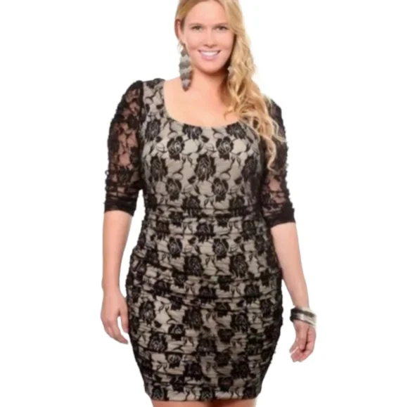 torrid | Dresses | Torrid Black Lace Roses Bowback Bodycon Ruched 34 Sleeve  Mini Dress | Poshmark